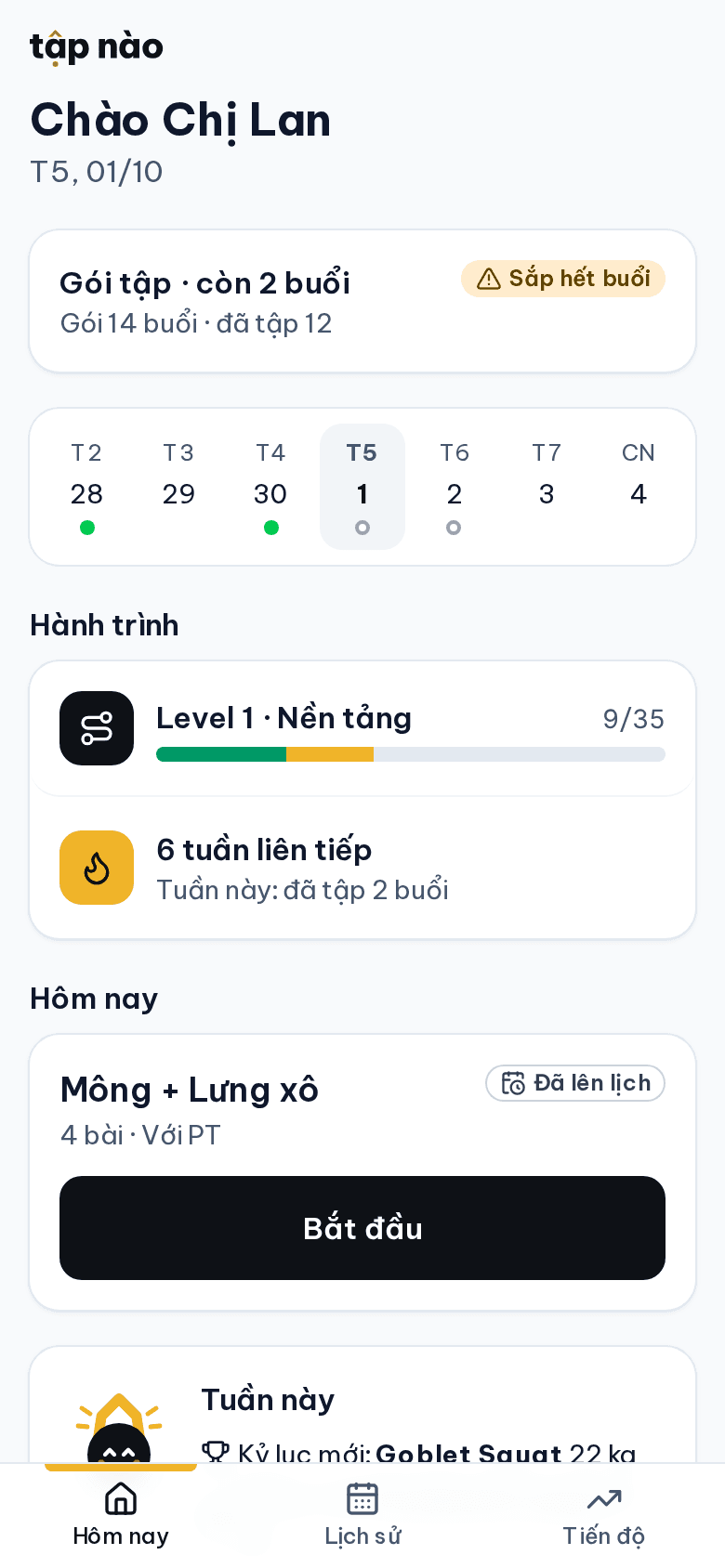Trang của học viên mở từ link riêng, với lịch tuần và buổi tập hôm nay