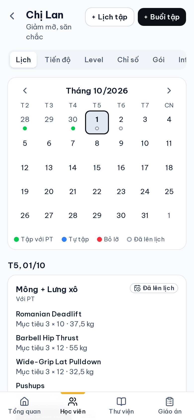 Hồ sơ học viên Chị Lan với lịch tập theo tháng và chi tiết buổi tập hôm nay